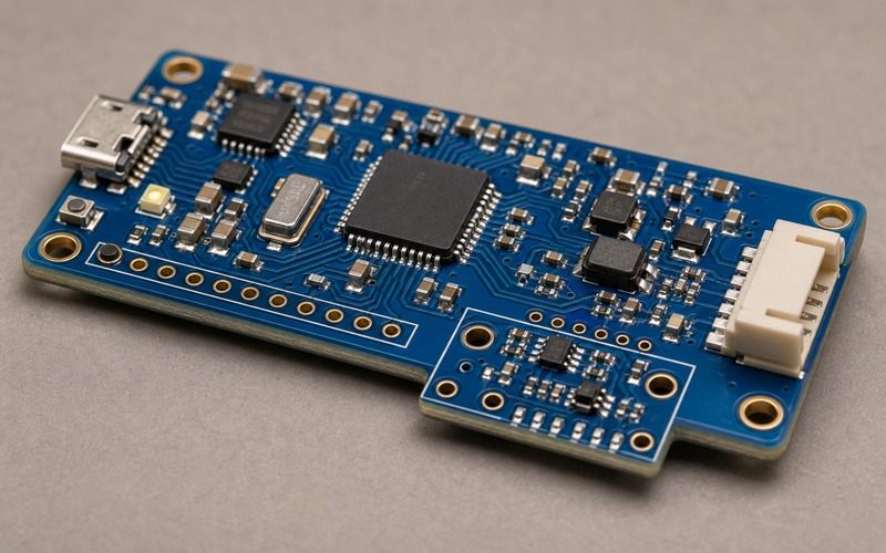 RP2040 support circuit for TinyML testing with decoupling, crystal, flash memory, sensor routing and debug access