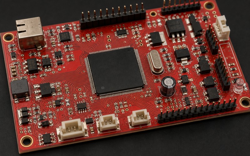 ATMEGA2560-16AU control PCB with TQFP MCU, crystal, sensor edge connectors, local regulator and transistor output drivers