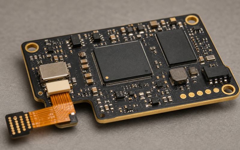 MCU plus NPU support circuit with memory placement, buck regulator, clock source, debug access and host interface routing