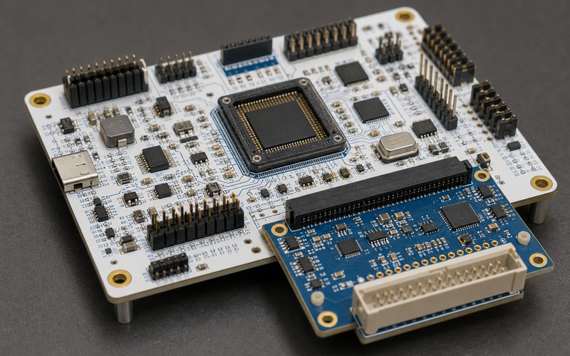 FPGA support circuit with configuration memory, DDR style memory, regulators, clock source and controlled interface routing to board edge connectors