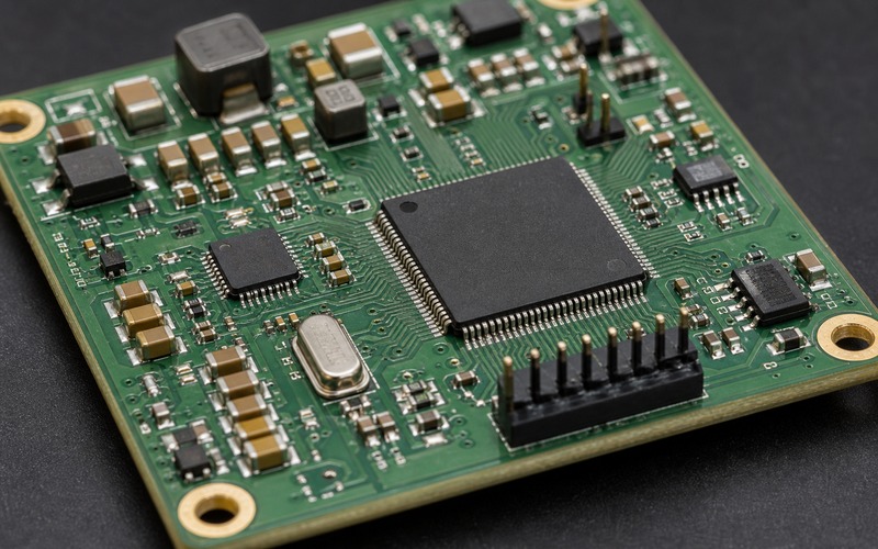 Artix FPGA support circuit showing configuration memory, clock source, local power rail, short parallel traces, sensor input header and thermal copper area