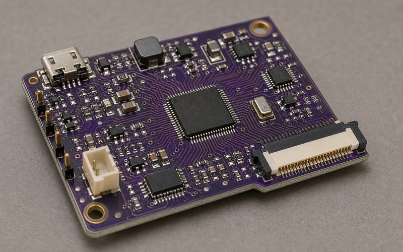 iCE40UP5K support circuit with camera FPC input, short pixel bus traces, configuration memory, low current power island and sensor enable circuitry