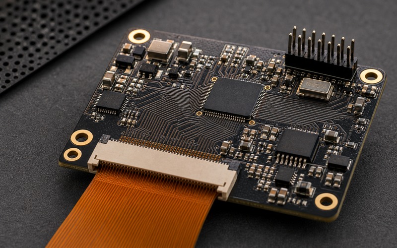 CrossLink-NX image sensor interface detail showing outward facing FPC connector, short parallel bus fanout, FPGA pins, clock source, configuration memory and debug header