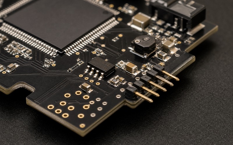FPGA configuration memory detail showing XC17256EPCG20C style serial PROM placement, reset path, decoupling capacitors, programming pins and board edge access