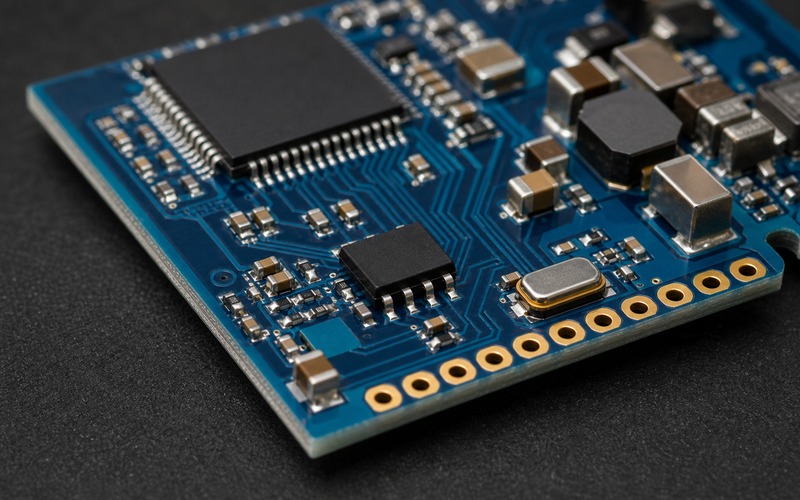 Boot flash layout detail showing an unmarked 8 pin serial NOR package, QSPI fanout traces, oscillator, decoupling capacitors and programming pads at the board edge