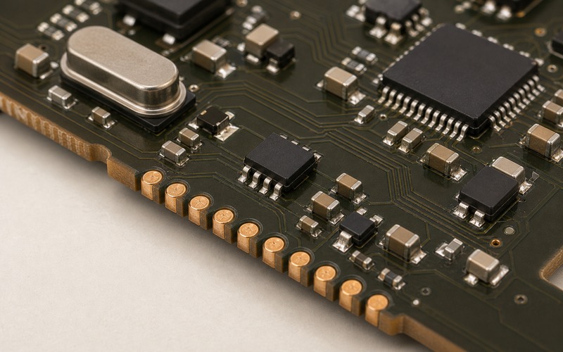 Close view of serial flash code storage with board edge programming pads, reset support, decoupling capacitors and clean memory routing