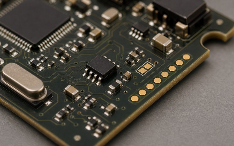 Close view of an EEPROM parameter store with I2C pull-ups, write-protect pad area, decoupling capacitor and outward facing test pads