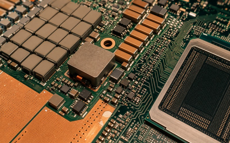 AI accelerator power rail with shielded inductor, regulator stage, output capacitor banks, copper pours and thermal vias feeding an unmarked BGA load