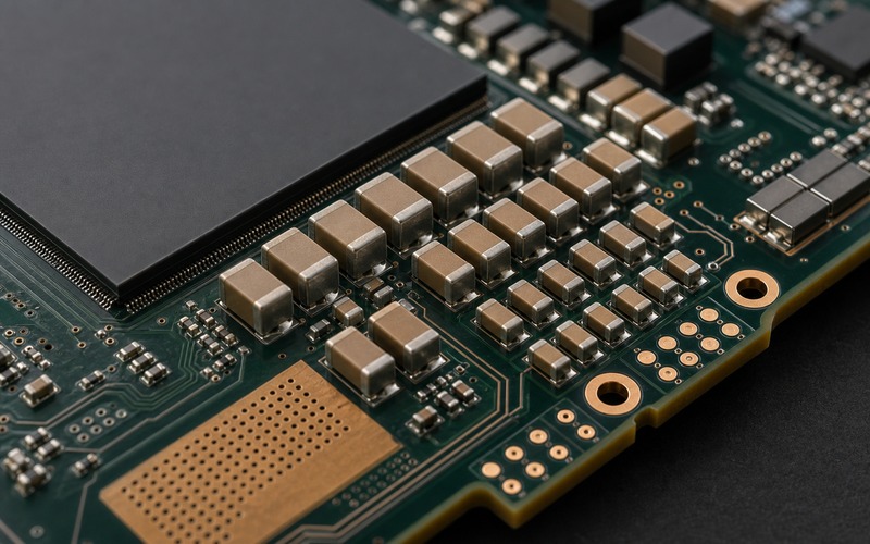 Load-side decoupling network beside an unmarked accelerator package with mixed ceramic capacitors, Kelvin sense routing, copper area and board-edge test pads
