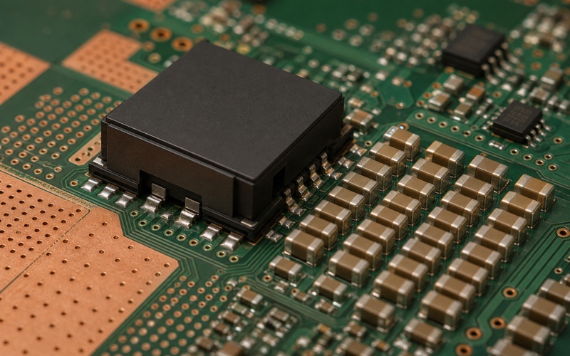 Integrated inductor power module mounted near an AI accelerator with dense input and output capacitors, copper pours, thermal vias and short high-current routing