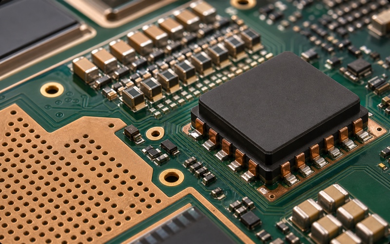 Close layout view of an integrated power module footprint with blank capacitor banks, thermal via arrays, copper land pattern and sense routing near the load