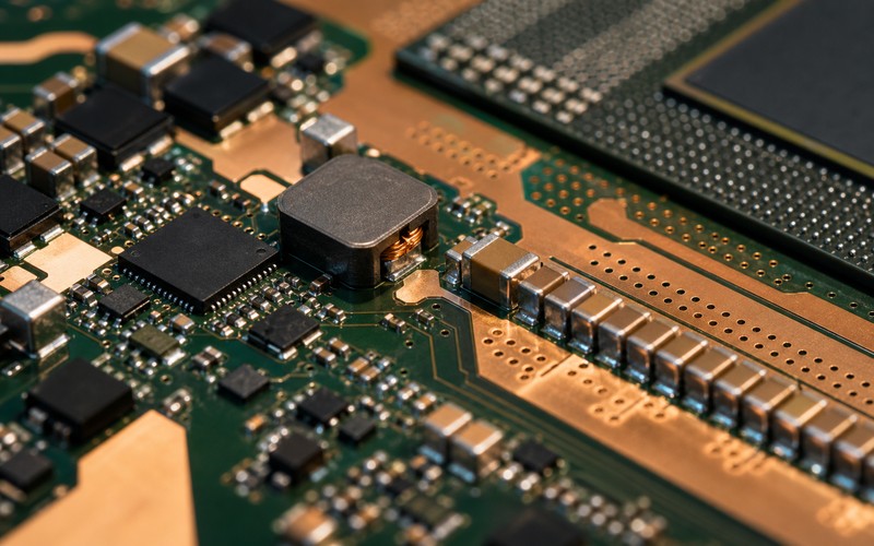 Single phase buck regulator layout showing an unmarked QFN regulator, shielded inductor, ceramic capacitors, sense traces, copper plane and thermal vias near the load