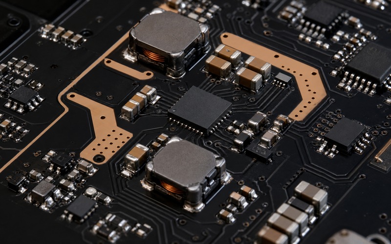 Close layout view of a split-rail converter with mirrored switching loops, two inductors, ceramic capacitor clusters, thermal vias and guarded analog routing