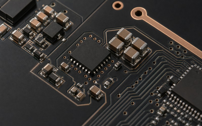 Close layout view of a low-noise LDO with thermal vias, output and bypass capacitors, quiet ground copper and guarded routing into a precision analog IC