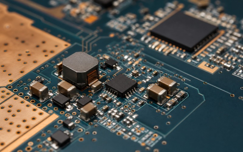 Close layout view of a small buck regulator section with shielded inductor, thermal vias, input loop, output capacitors and rail routing toward a support load