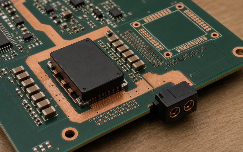 Power module on a PCB with alternate footprint, thermal copper, capacitor bank and outward-facing board-edge power connector for long term supply review