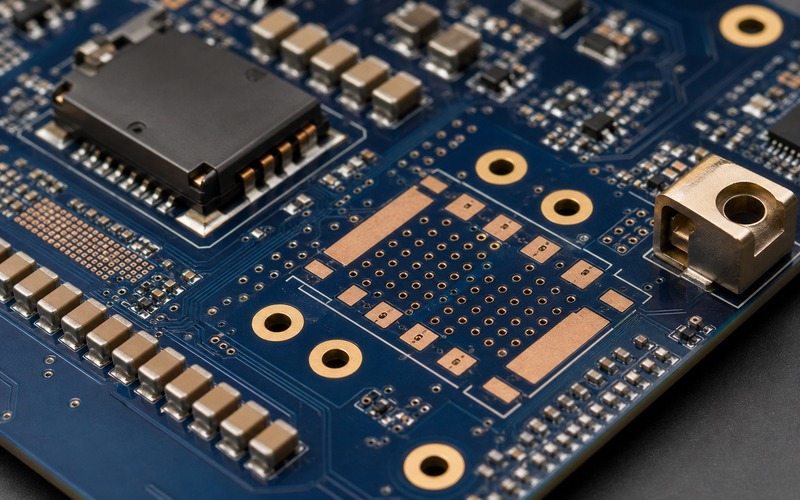 Close review of a power module footprint with thermal vias, blank capacitor banks, alternate pad pattern and board-edge power entry for approved replacement planning