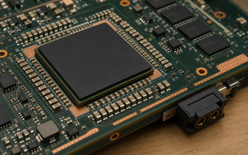 High current BGA processor on a PCB surrounded by dense MLCC decoupling capacitors, copper power planes, memory packages and an outward-facing board-edge power connector