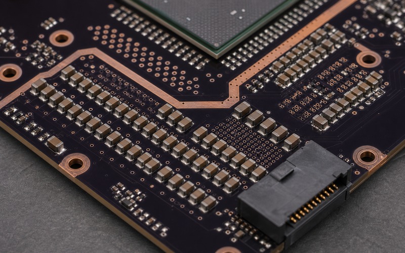Close decoupling layout near a processor footprint with MLCC rows, via fields, copper pours and an outward-facing board-edge connector for power integrity review