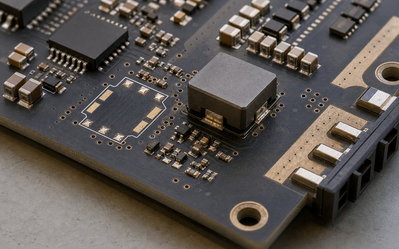Point-of-load inductor layout detail with an installed shielded inductor, alternate footprint, wide current-path copper, output capacitors, via field and outward-facing board-edge connector