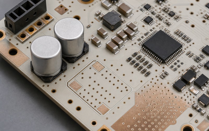 Close detail of bulk capacitor placement with two large unmarked capacitors, ceramic bypass parts, alternate footprint, copper plane, via field and outward-facing power entry
