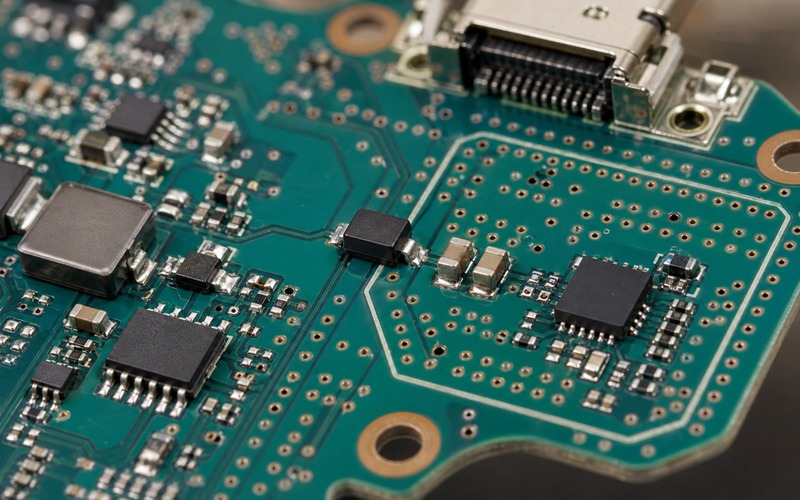 Close PCB detail of a small ferrite bead crossing a supply trace with nearby MLCC capacitors, copper return path, quiet circuit island and board-edge connector orientation