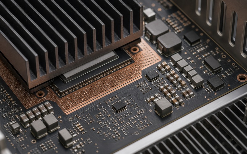 Close thermal layout detail showing accelerator heat path, copper spreading area, thermal-via field, heatsink base, nearby power parts and restricted airflow clearance