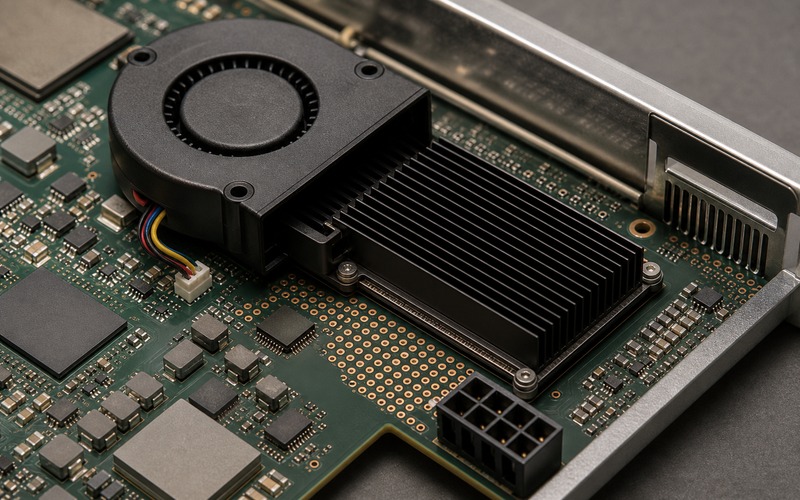 Close airflow layout detail showing blower outlet, heatsink fin direction, thermal vias, power connector, temperature feedback area and enclosure exhaust clearance