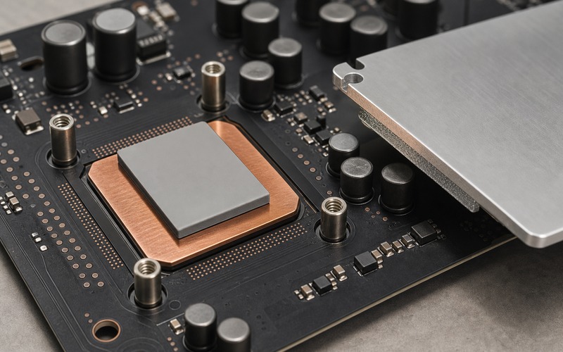 Thermal pad placement detail showing pad thickness, package coverage, copper heat spreader, thermal vias, compression posts and clearance to nearby components