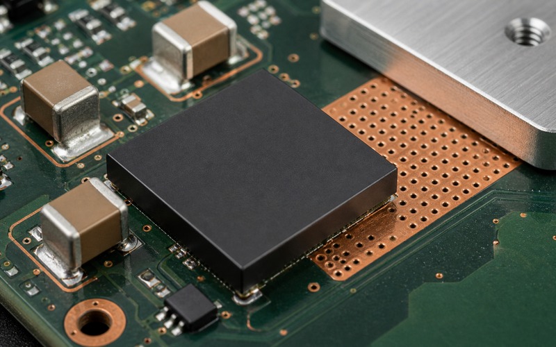 Unmarked power device on a PCB beside a copper thermal via field and aluminum heat spreader, showing the heat path used for junction temperature review