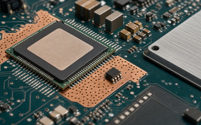 AI processor package with exposed copper heat spreading area, thermal vias, nearby temperature sensor package and aluminum spreader edge for power and thermal resistance checks