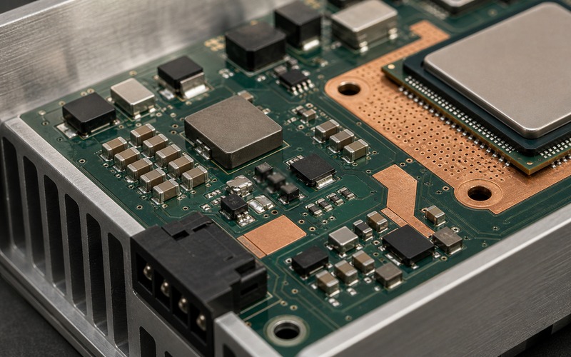 Power input and regulator section inside an edge AI enclosure showing inductor, copper pours, compute-module heat path and aluminum chassis clearance