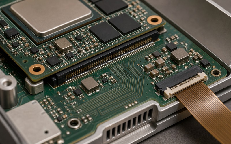 System-on-module connector and camera FPC routing on an entry edge inference carrier board with nearby memory, clock and power rail parts