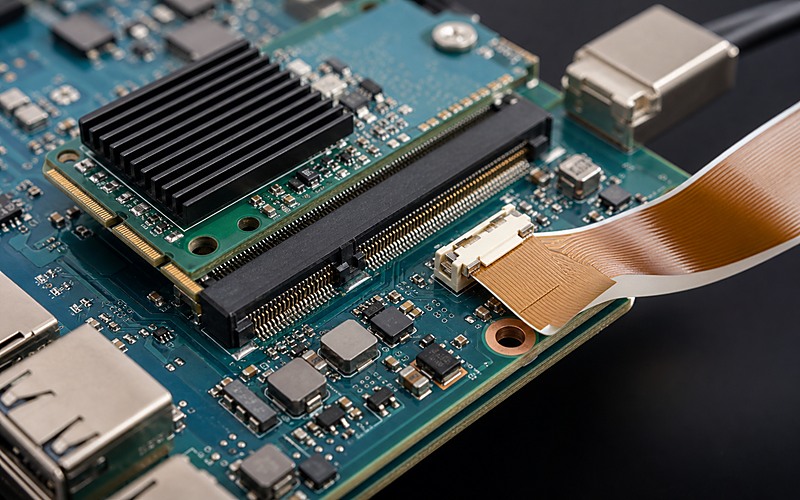 M.2-style accelerator card, board connector, camera ribbon and power rail parts on an edge vision prototype PCB