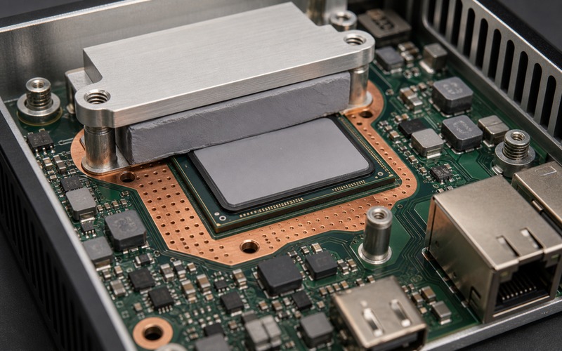 AI processor thermal stack with copper area, silicone pad, aluminum heat bridge, power regulators and outward network connector for fanless edge box review