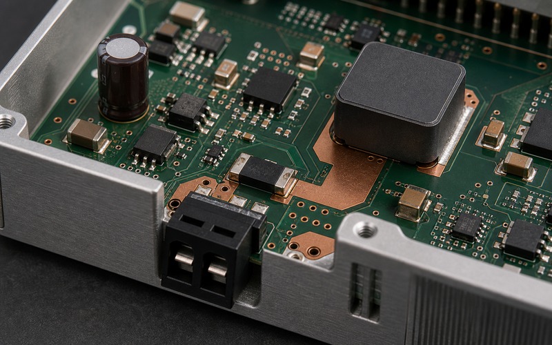 Board edge power entry section with outward terminal connector, TVS diode, protection switch, current sense part, copper pour and buck converter