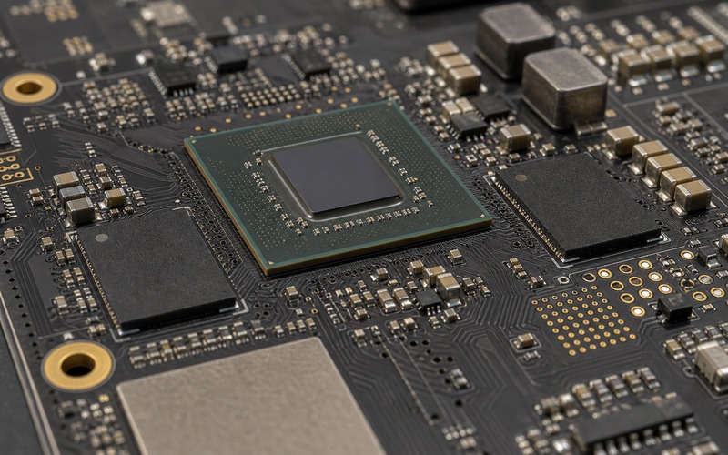 Production AI PCB in a low aluminum fixture with processor, memory, power regulators and thermal area for performance transfer review