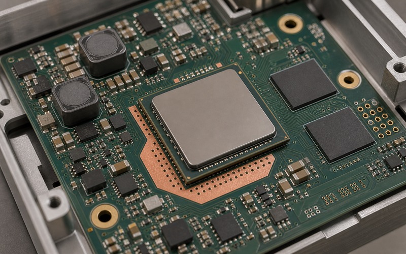 Processor memory and power cluster on a production PCB with heat-spreader copper, regulator layout and test pads for benchmark repeatability