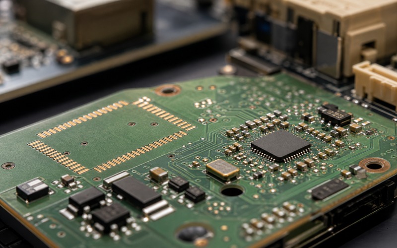Production PCB with a bare IC beside an unpopulated module footprint showing the layout change from module prototype to direct chip design