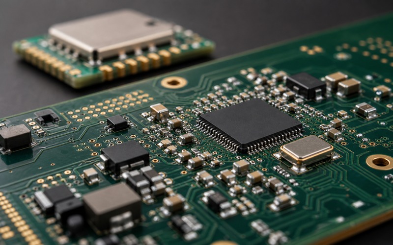 Bare IC production layout with decoupling, oscillator, regulators and test access showing the engineering work behind module replacement