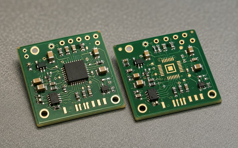 Two prototype validation boards comparing an installed IC and an alternate footprint for second source approval