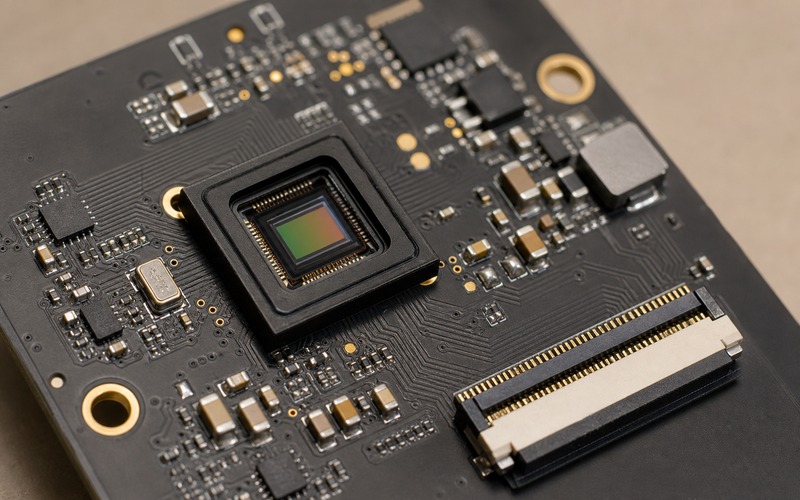 Image sensor module on a vision AI PCB with sensor package, clock, decoupling and board-edge FPC connector routing