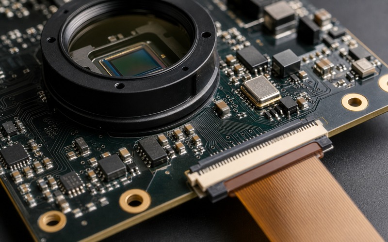 Camera sensor front end with lens mount, oscillator, regulator parts and outward-facing FPC connector for vision input review
