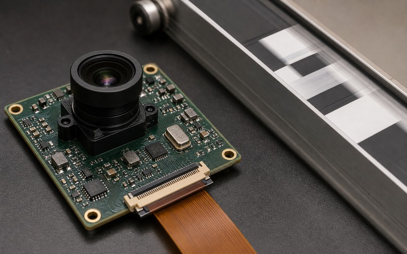 Vision sensor board beside a fast moving calibration strip showing timing risk for rolling shutter capture