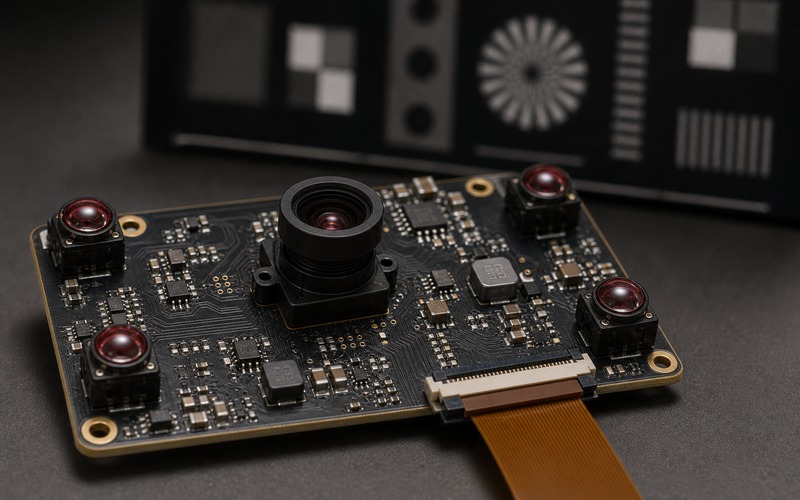 Infrared camera board with discrete IR LEDs, driver components, sensor lens and low-light validation target