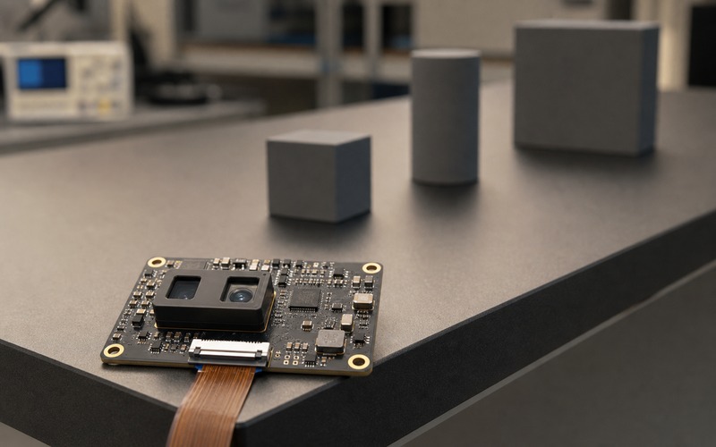 ToF depth sensing module on a compact PCB facing matte objects at different distances for vision AI validation