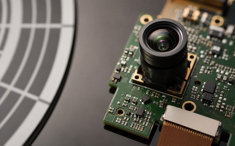 Lens stack and image sensor board showing optical axis, edge field review and realistic PCB routing for vision AI calibration