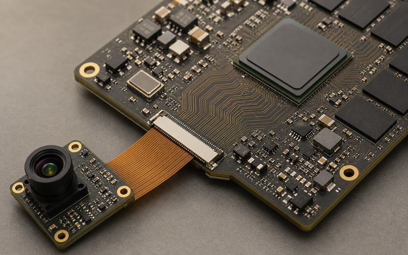 Camera module FPC feeding high speed PCB lanes into an AI accelerator with memory packages, clock and power parts
