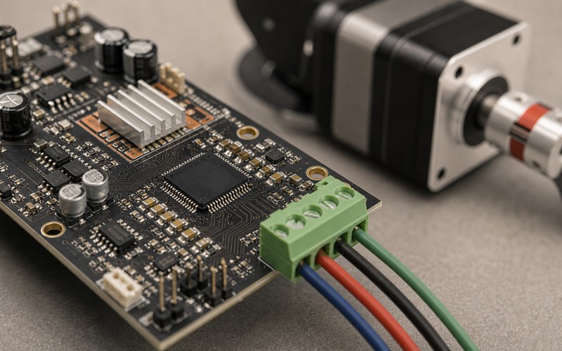 Stepper driver PCB with TMC2209 class IC, heatsink, current sense parts and board edge motor connector for a robot joint