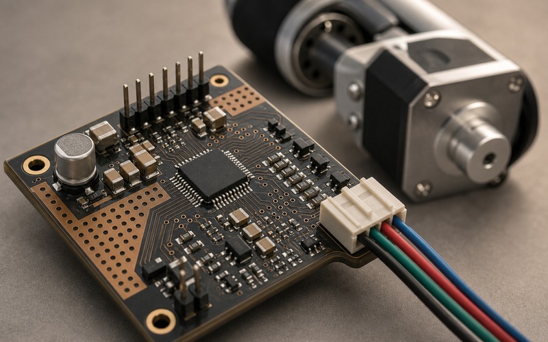 Compact stepper driver board showing motor phase connector, copper thermal area, sense resistors and robot joint actuator context